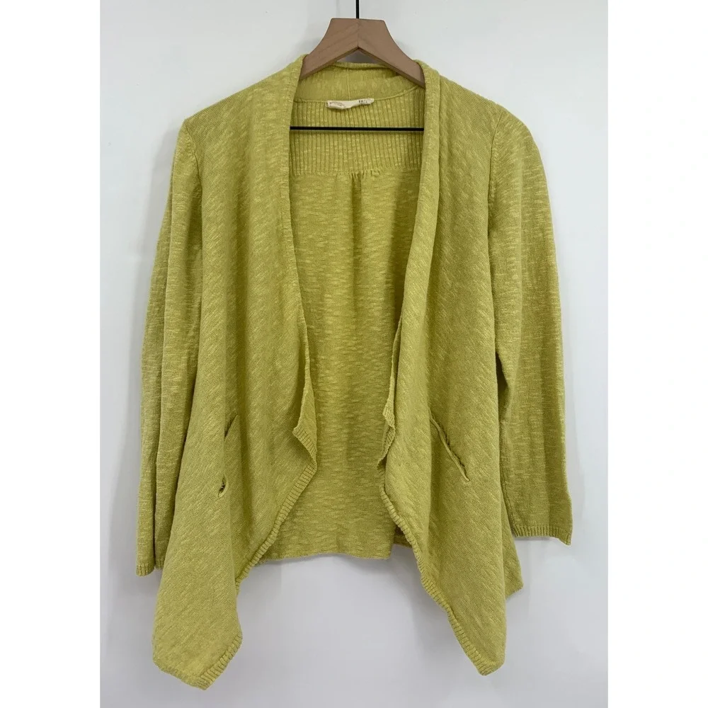 Eileen Fisher Sweater Large Petite Green Cardigan Linen Blend Open Drape Pocket